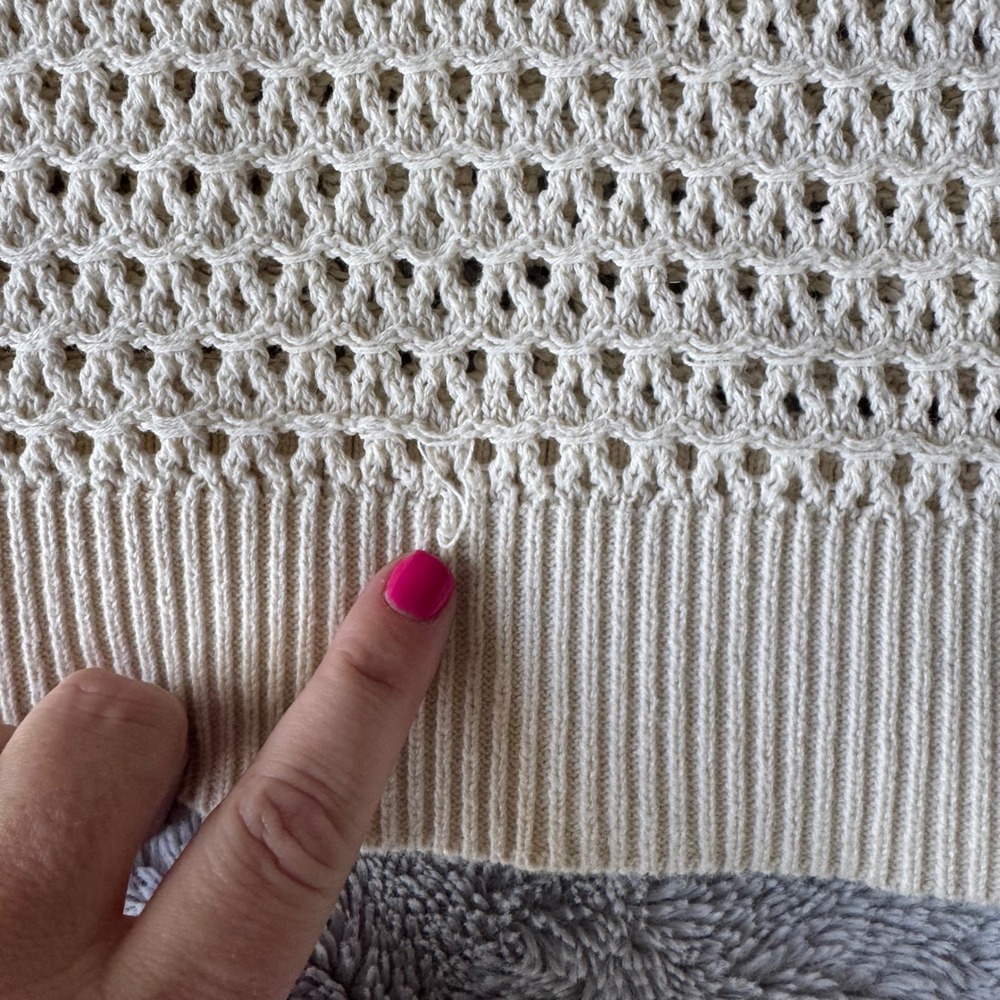 LOFT Women Cream Ivory Open Knit Crochet Sweater 3/4 Sleeve Crew Neck Large Flaw - Picture 2 of 9